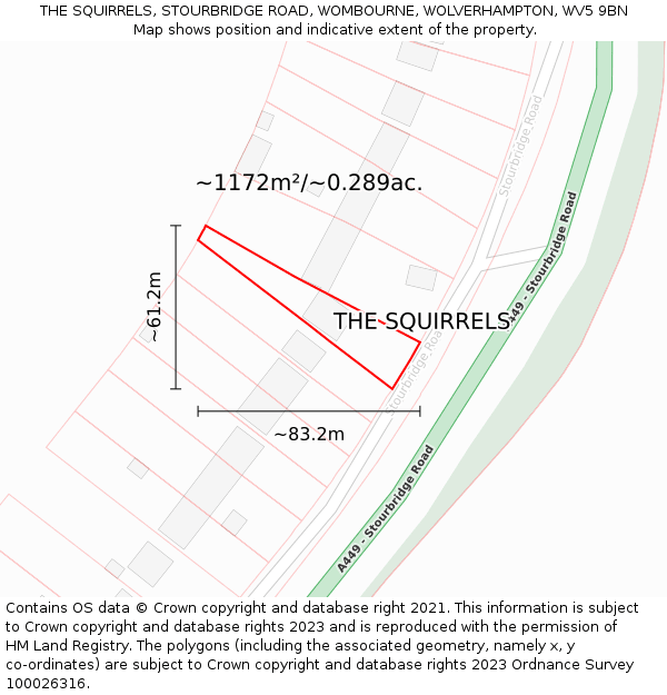 THE SQUIRRELS, STOURBRIDGE ROAD, WOMBOURNE, WOLVERHAMPTON, WV5 9BN: Plot and title map