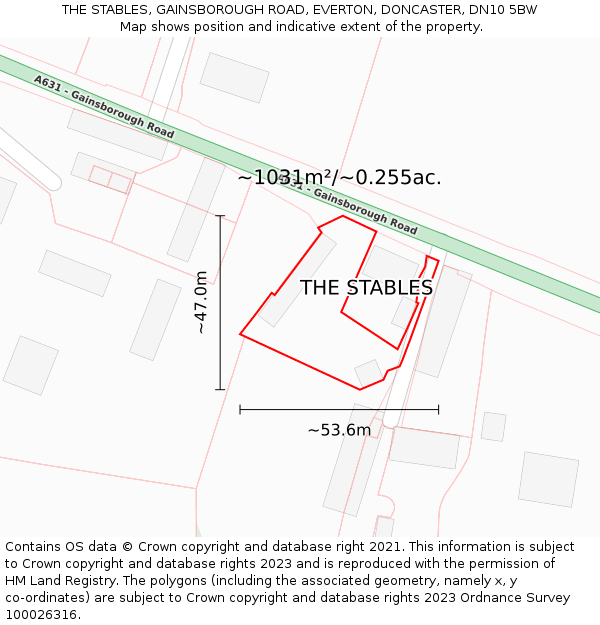 THE STABLES, GAINSBOROUGH ROAD, EVERTON, DONCASTER, DN10 5BW: Plot and title map