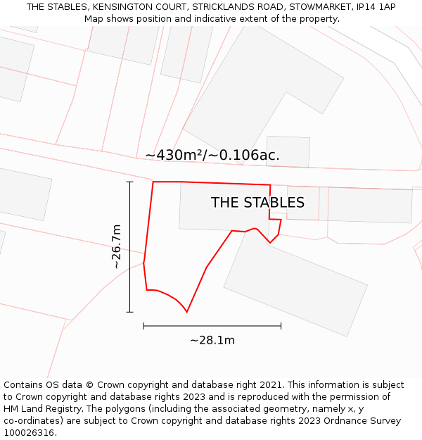 THE STABLES, KENSINGTON COURT, STRICKLANDS ROAD, STOWMARKET, IP14 1AP: Plot and title map