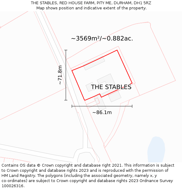 THE STABLES, RED HOUSE FARM, PITY ME, DURHAM, DH1 5RZ: Plot and title map