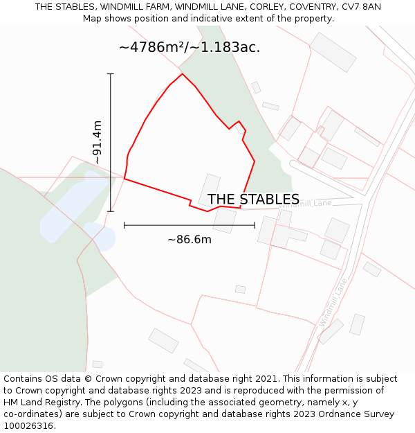 THE STABLES, WINDMILL FARM, WINDMILL LANE, CORLEY, COVENTRY, CV7 8AN: Plot and title map