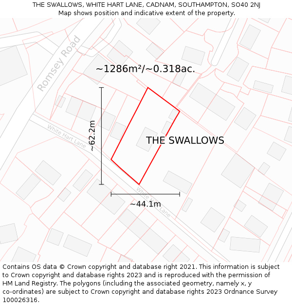 THE SWALLOWS, WHITE HART LANE, CADNAM, SOUTHAMPTON, SO40 2NJ: Plot and title map