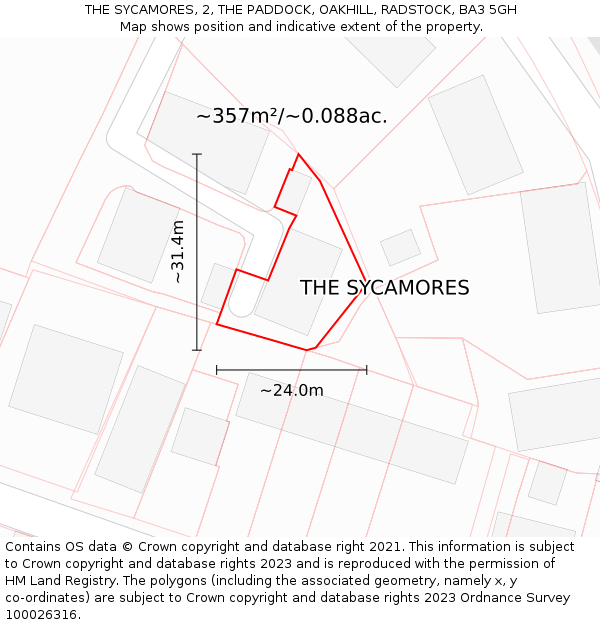 THE SYCAMORES, 2, THE PADDOCK, OAKHILL, RADSTOCK, BA3 5GH: Plot and title map