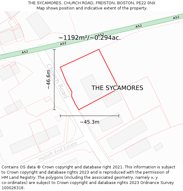 THE SYCAMORES, CHURCH ROAD, FREISTON, BOSTON, PE22 0NX: Plot and title map