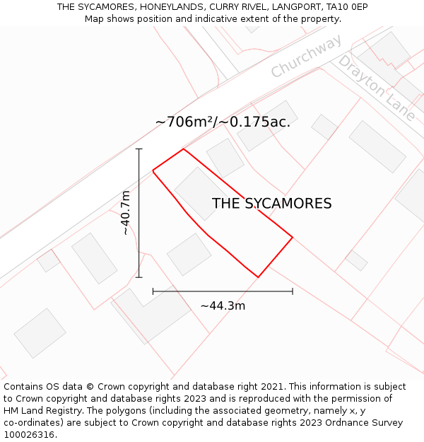 THE SYCAMORES, HONEYLANDS, CURRY RIVEL, LANGPORT, TA10 0EP: Plot and title map