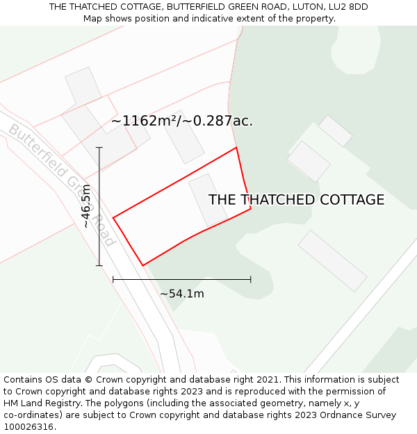 THE THATCHED COTTAGE, BUTTERFIELD GREEN ROAD, LUTON, LU2 8DD: Plot and title map