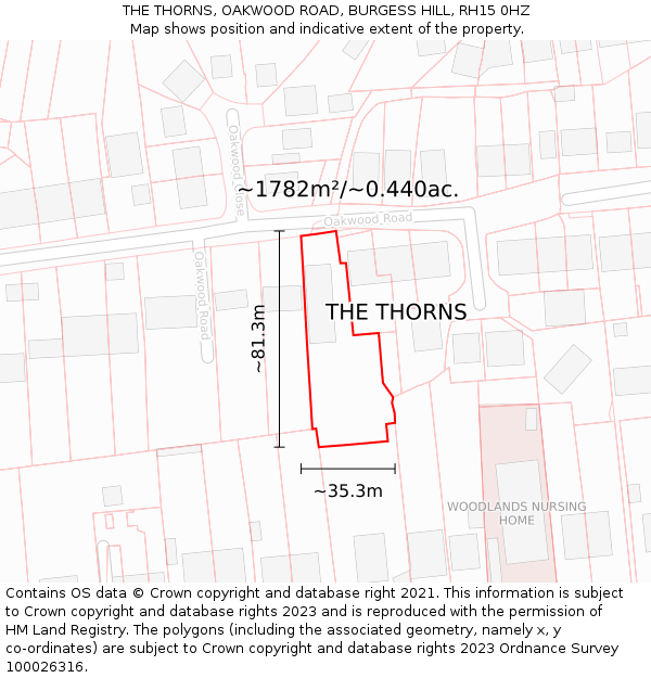 THE THORNS, OAKWOOD ROAD, BURGESS HILL, RH15 0HZ: Plot and title map