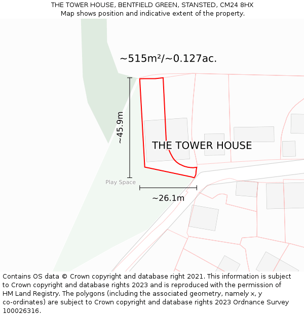 THE TOWER HOUSE, BENTFIELD GREEN, STANSTED, CM24 8HX: Plot and title map