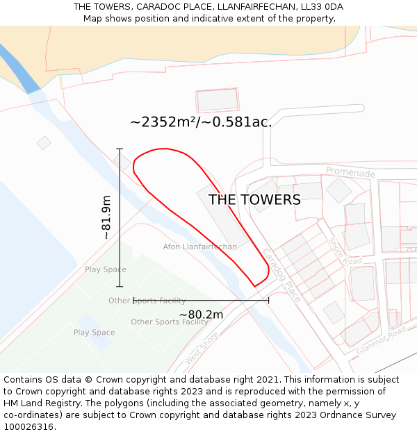 THE TOWERS, CARADOC PLACE, LLANFAIRFECHAN, LL33 0DA: Plot and title map