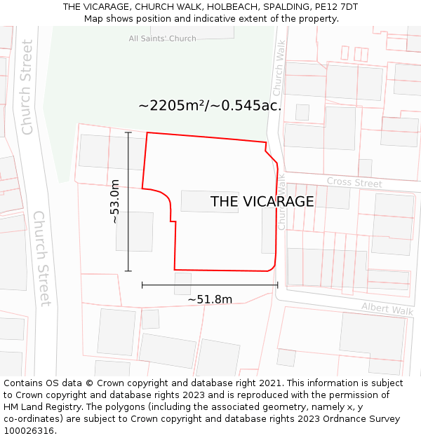 THE VICARAGE, CHURCH WALK, HOLBEACH, SPALDING, PE12 7DT: Plot and title map