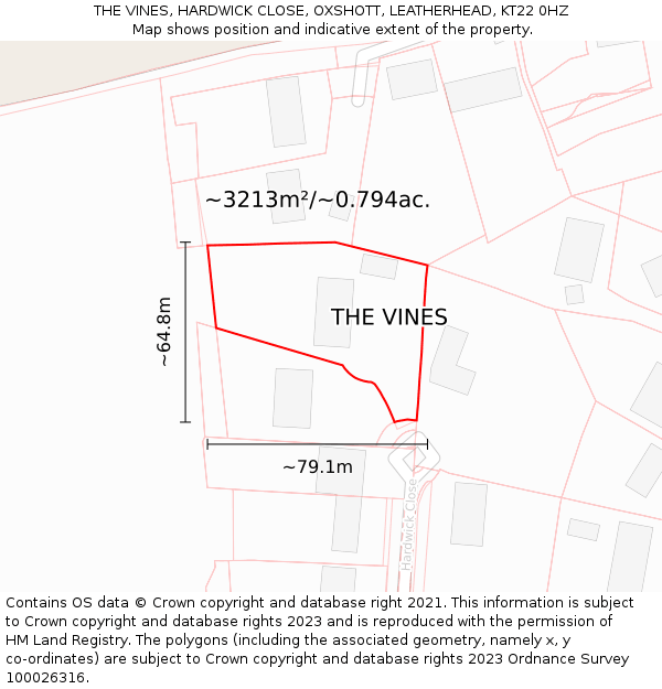 THE VINES, HARDWICK CLOSE, OXSHOTT, LEATHERHEAD, KT22 0HZ: Plot and title map