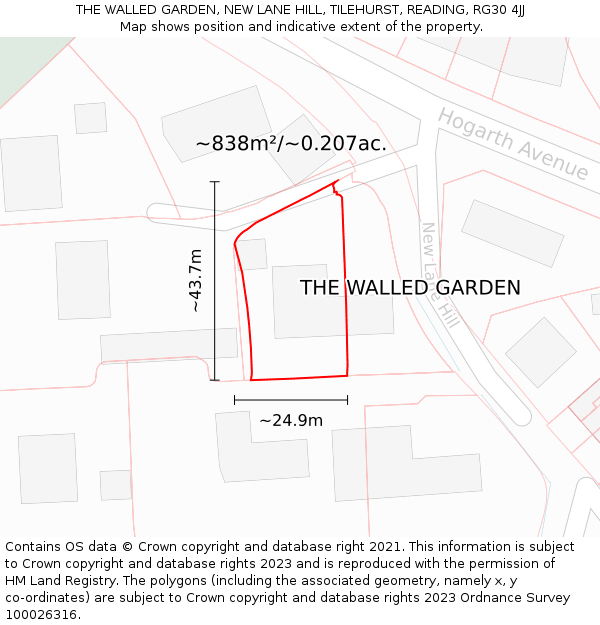 THE WALLED GARDEN, NEW LANE HILL, TILEHURST, READING, RG30 4JJ: Plot and title map