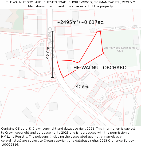 THE WALNUT ORCHARD, CHENIES ROAD, CHORLEYWOOD, RICKMANSWORTH, WD3 5LY: Plot and title map