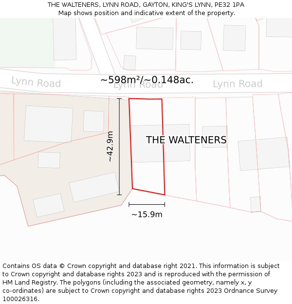 THE WALTENERS, LYNN ROAD, GAYTON, KING'S LYNN, PE32 1PA: Plot and title map