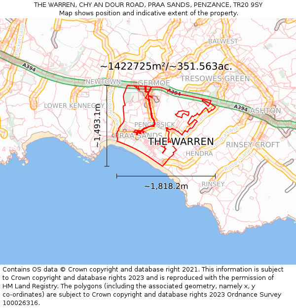 THE WARREN, CHY AN DOUR ROAD, PRAA SANDS, PENZANCE, TR20 9SY: Plot and title map