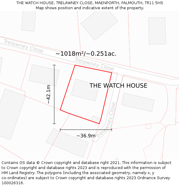 THE WATCH HOUSE, TRELAWNEY CLOSE, MAENPORTH, FALMOUTH, TR11 5HS: Plot and title map