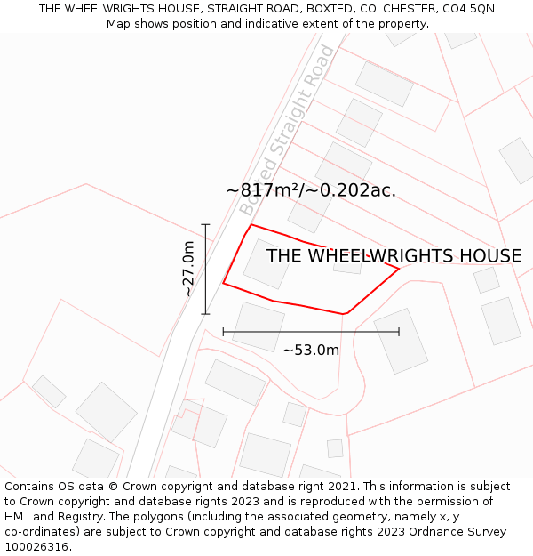 THE WHEELWRIGHTS HOUSE, STRAIGHT ROAD, BOXTED, COLCHESTER, CO4 5QN: Plot and title map