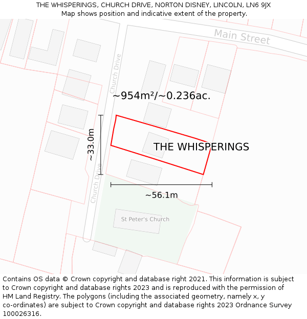 THE WHISPERINGS, CHURCH DRIVE, NORTON DISNEY, LINCOLN, LN6 9JX: Plot and title map