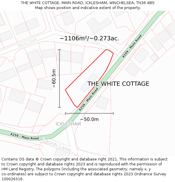 THE WHITE COTTAGE, MAIN ROAD, ICKLESHAM, WINCHELSEA, TN36 4BS: Plot and title map