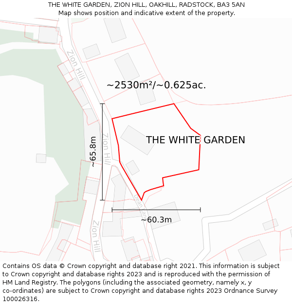 THE WHITE GARDEN, ZION HILL, OAKHILL, RADSTOCK, BA3 5AN: Plot and title map