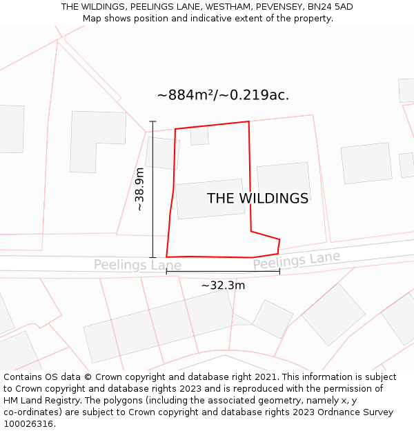 THE WILDINGS, PEELINGS LANE, WESTHAM, PEVENSEY, BN24 5AD: Plot and title map