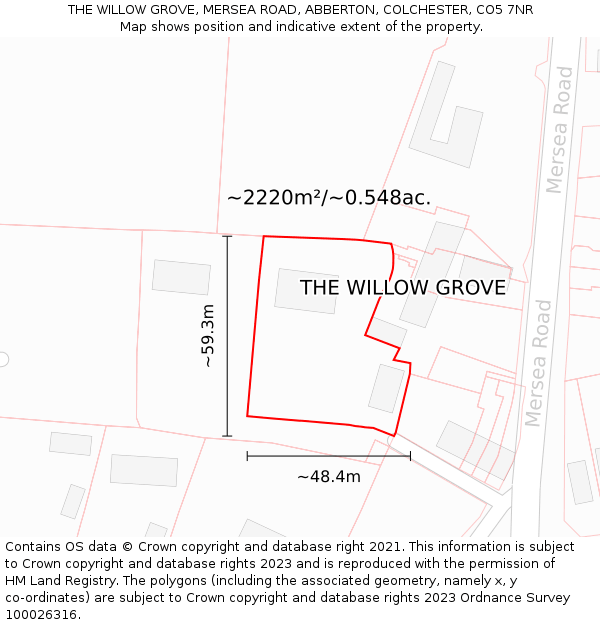 THE WILLOW GROVE, MERSEA ROAD, ABBERTON, COLCHESTER, CO5 7NR: Plot and title map