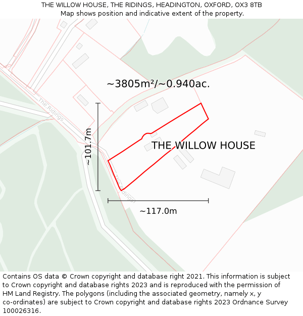 THE WILLOW HOUSE, THE RIDINGS, HEADINGTON, OXFORD, OX3 8TB: Plot and title map