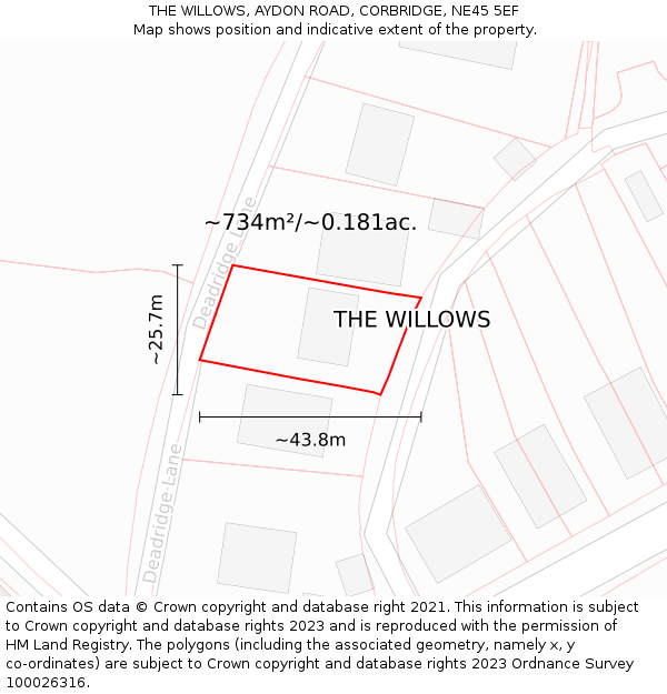 THE WILLOWS, AYDON ROAD, CORBRIDGE, NE45 5EF: Plot and title map