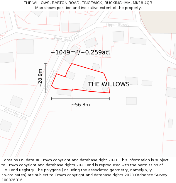 THE WILLOWS, BARTON ROAD, TINGEWICK, BUCKINGHAM, MK18 4QB: Plot and title map