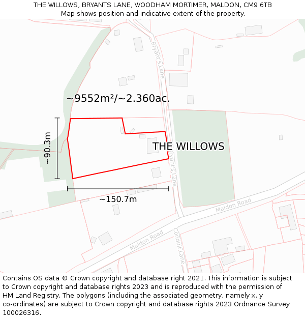 THE WILLOWS, BRYANTS LANE, WOODHAM MORTIMER, MALDON, CM9 6TB: Plot and title map