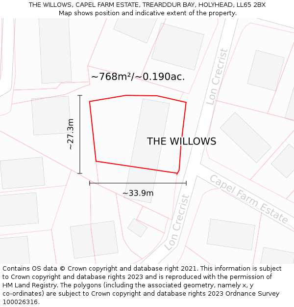 THE WILLOWS, CAPEL FARM ESTATE, TREARDDUR BAY, HOLYHEAD, LL65 2BX: Plot and title map