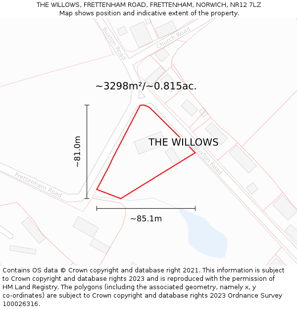 THE WILLOWS, FRETTENHAM ROAD, FRETTENHAM, NORWICH, NR12 7LZ: Plot and title map