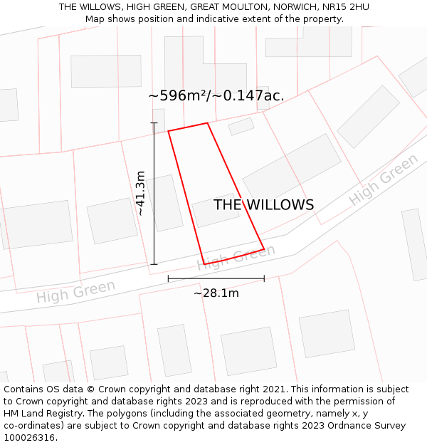 THE WILLOWS, HIGH GREEN, GREAT MOULTON, NORWICH, NR15 2HU: Plot and title map