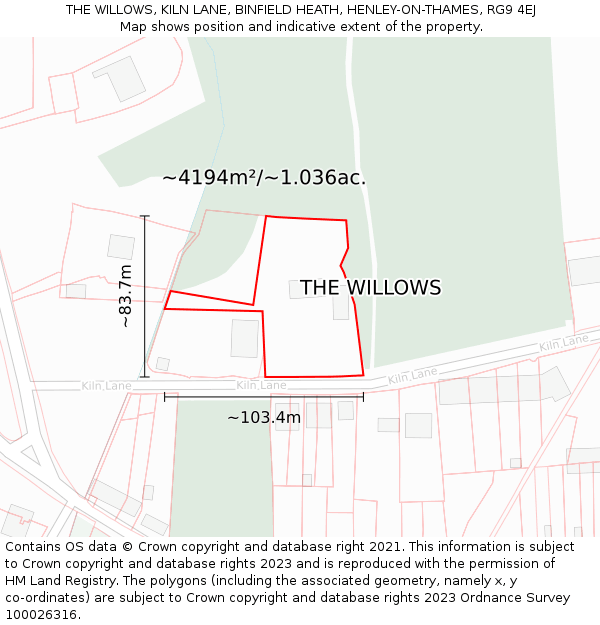 THE WILLOWS, KILN LANE, BINFIELD HEATH, HENLEY-ON-THAMES, RG9 4EJ: Plot and title map