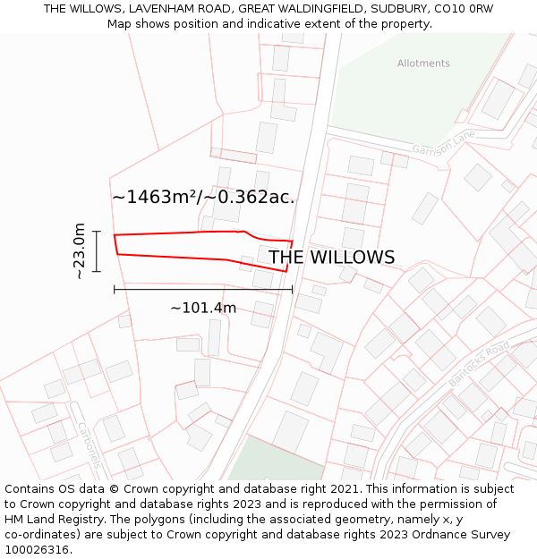 THE WILLOWS, LAVENHAM ROAD, GREAT WALDINGFIELD, SUDBURY, CO10 0RW: Plot and title map