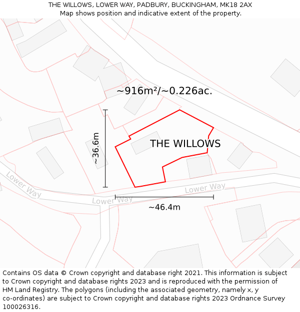 THE WILLOWS, LOWER WAY, PADBURY, BUCKINGHAM, MK18 2AX: Plot and title map