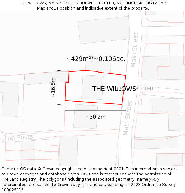 THE WILLOWS, MAIN STREET, CROPWELL BUTLER, NOTTINGHAM, NG12 3AB: Plot and title map