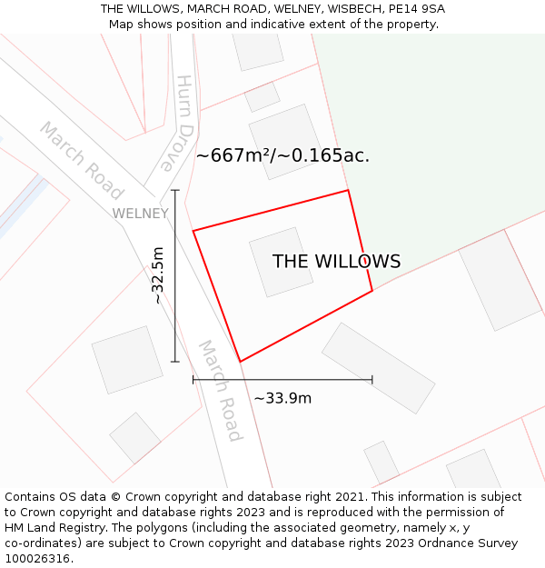 THE WILLOWS, MARCH ROAD, WELNEY, WISBECH, PE14 9SA: Plot and title map