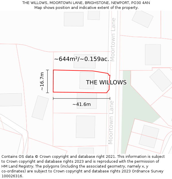 THE WILLOWS, MOORTOWN LANE, BRIGHSTONE, NEWPORT, PO30 4AN: Plot and title map