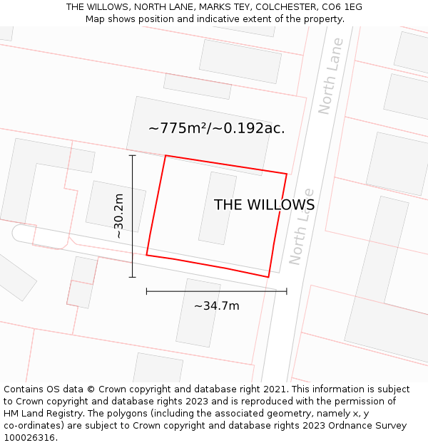 THE WILLOWS, NORTH LANE, MARKS TEY, COLCHESTER, CO6 1EG: Plot and title map