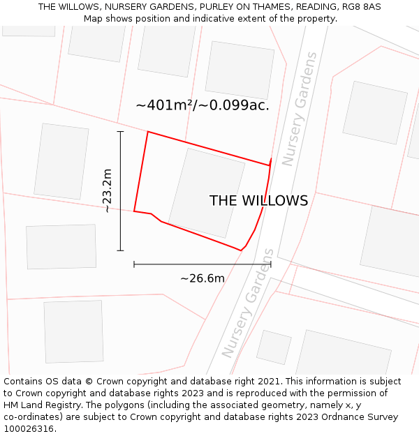 THE WILLOWS, NURSERY GARDENS, PURLEY ON THAMES, READING, RG8 8AS: Plot and title map