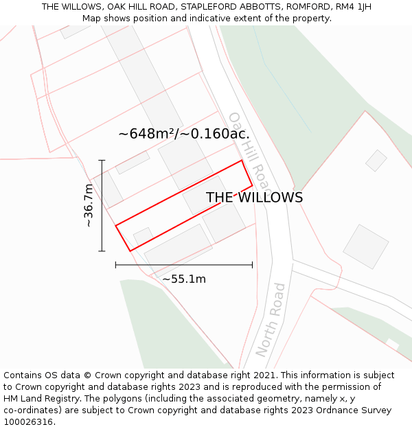 THE WILLOWS, OAK HILL ROAD, STAPLEFORD ABBOTTS, ROMFORD, RM4 1JH: Plot and title map