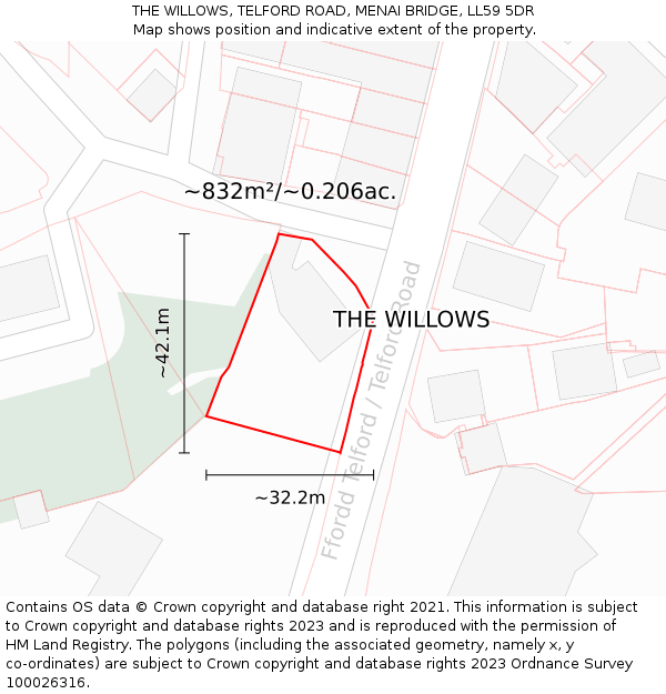 THE WILLOWS, TELFORD ROAD, MENAI BRIDGE, LL59 5DR: Plot and title map