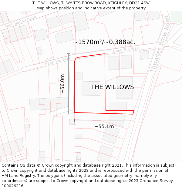 THE WILLOWS, THWAITES BROW ROAD, KEIGHLEY, BD21 4SW: Plot and title map