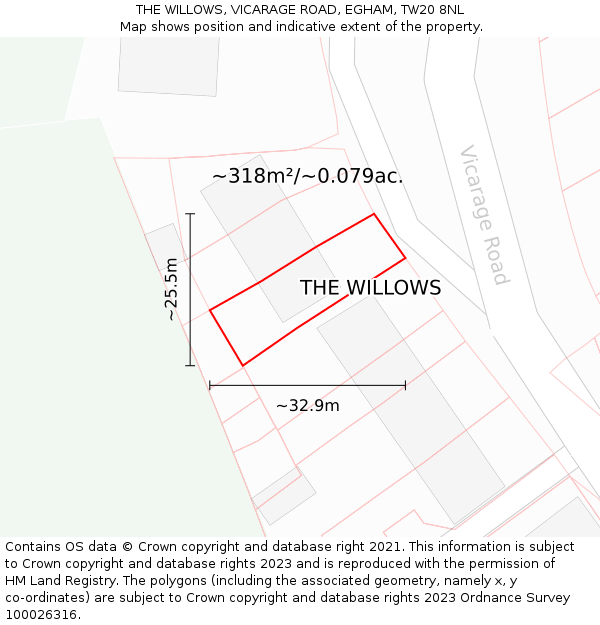 THE WILLOWS, VICARAGE ROAD, EGHAM, TW20 8NL: Plot and title map