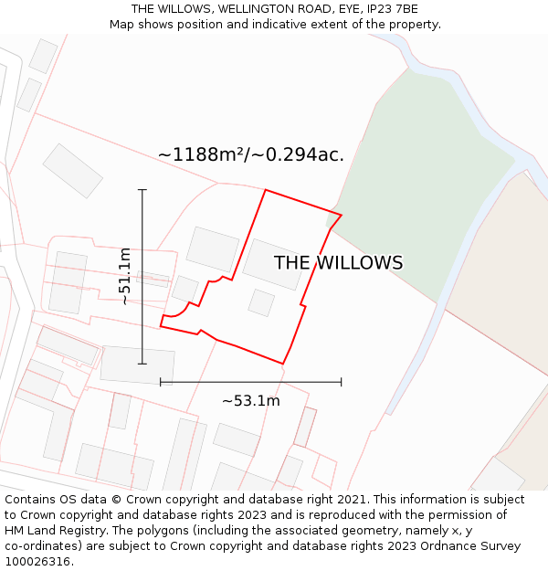 THE WILLOWS, WELLINGTON ROAD, EYE, IP23 7BE: Plot and title map