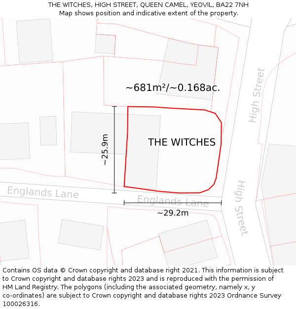 THE WITCHES, HIGH STREET, QUEEN CAMEL, YEOVIL, BA22 7NH: Plot and title map