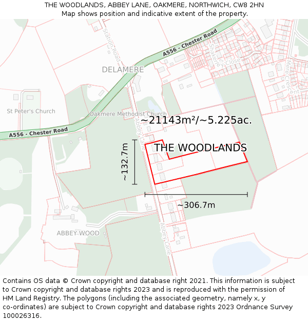 THE WOODLANDS, ABBEY LANE, OAKMERE, NORTHWICH, CW8 2HN: Plot and title map