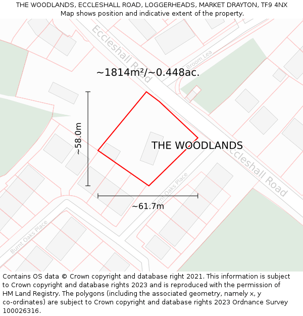 THE WOODLANDS, ECCLESHALL ROAD, LOGGERHEADS, MARKET DRAYTON, TF9 4NX: Plot and title map