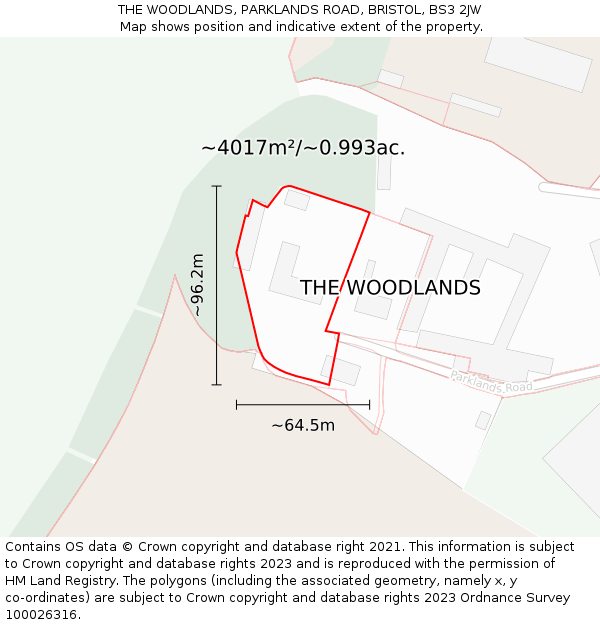 THE WOODLANDS, PARKLANDS ROAD, BRISTOL, BS3 2JW: Plot and title map